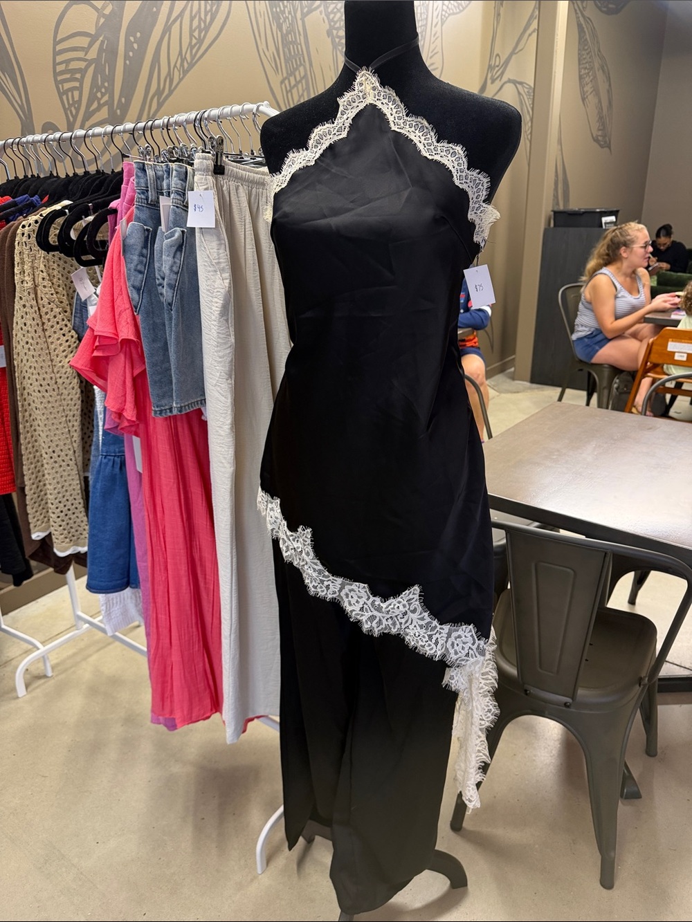 Black Halter Lace-Trim Maxi Dress